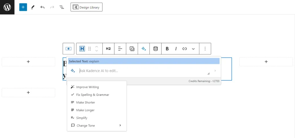 Kadence AI powered Inline content settings.