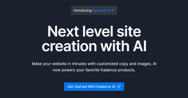 This image showcases the hero section of the Kadence AI website. It highlights the introduction of Kadence AI, emphasizing its capabilities for site creation in just a few minutes with customized copy and images. The design includes text elements, a logo, and branding components that draw attention to the features of Kadence AI products.