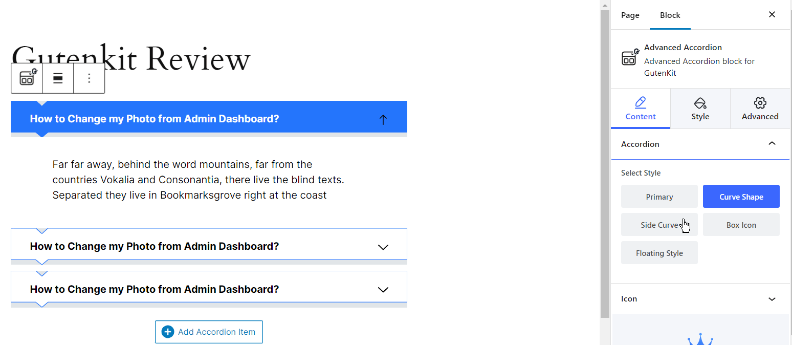 A GIF showing the style of Gutenkit's Advanced Accordion Block. 