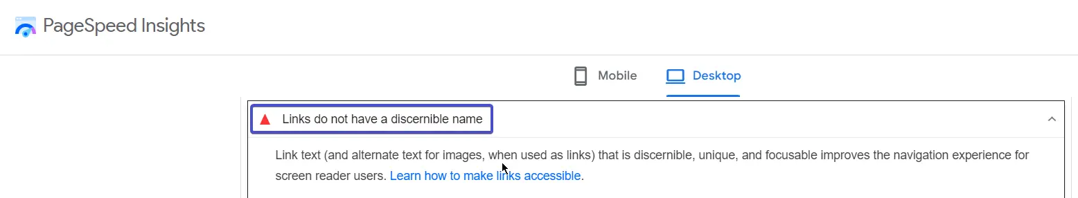 PageSpeed Insights screenshot showing that Links do not have a discernible name. 