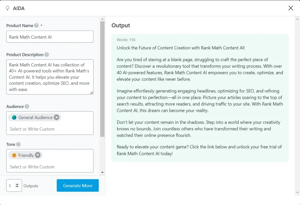 Screenshot of an AIDA AI tool interface. The left panel has fields for "Product Name," "Product Description," "Audience," and "Tone," along with a "Generate More" button. The right panel shows output with product description.