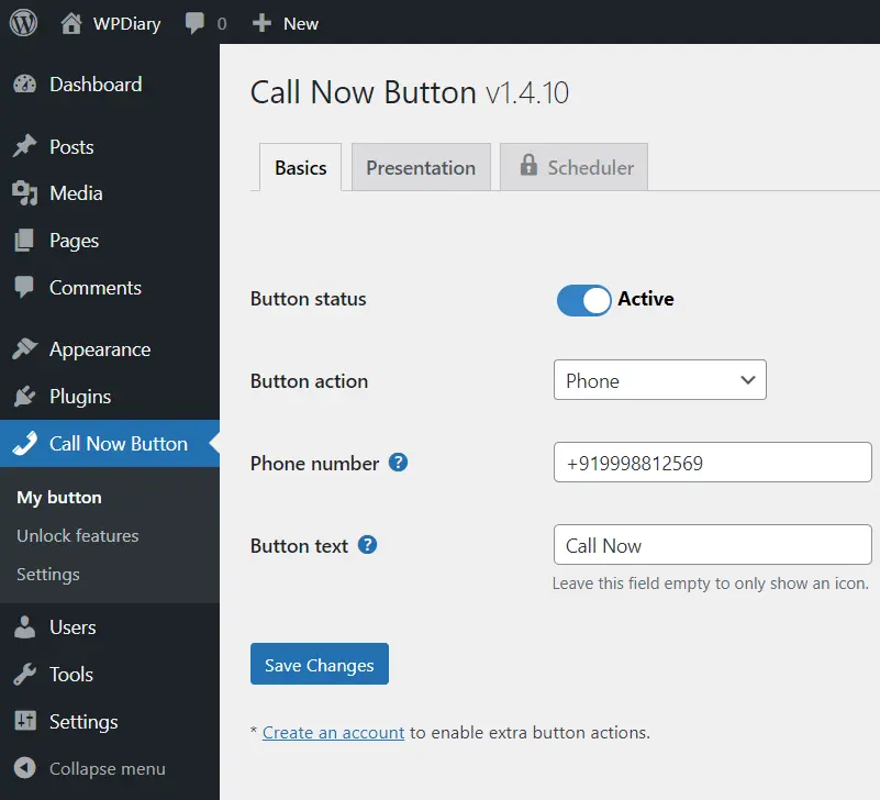 Call Now Button Plugin setup. 