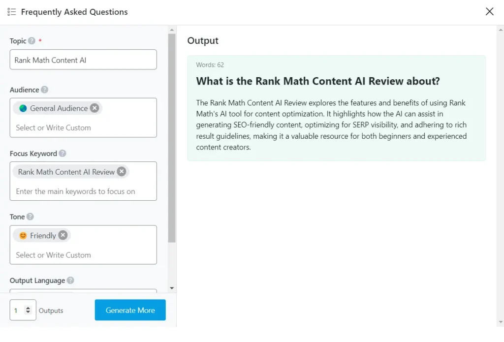 Screenshot of an FAQ AI tool interface. The left panel has fields for "Topic," "Audience," and "Tone," along with a "Generate More" button. The right panel shows output with relevant question and answer.