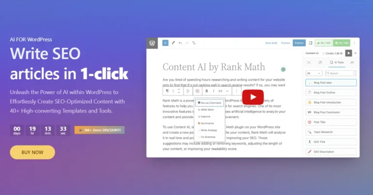 Image of a promotional banner for AI for WordPress by Rank Math. It features the text: "Write SEO articles in 1-click," emphasizing effortless content creation using AI. A countdown timer, "Buy Now" button, and a demonstration video are displayed, perfect for any Rank Math Content AI review.