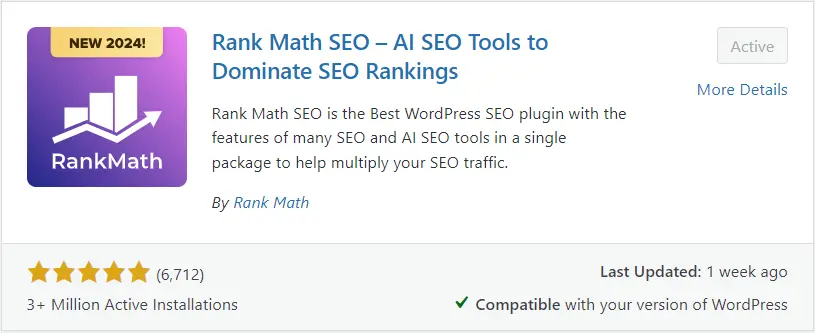 Screenshot of a Rank Math SEO plugin in WordPress. It highlights AI SEO tools, is compatible with WordPress version 6.3, and has over 3 million active installations with a 4.9-star rating from 6,712 reviews.