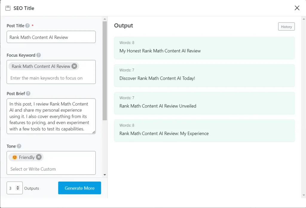 Screenshot of an SEO tool interface. The left panel has fields for "Post Title," "Focus Keyword," "Post Brief," and "Tone," along with a "Generate More" button. The right panel shows output with potential titles like "My Honest Rank Math Content AI Review."