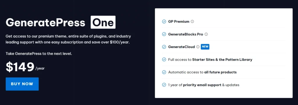 GeneratePress One subscription offer. The image features the GeneratePress One branding alongside a list of benefits, including GP Premium, GenerateBlocks Pro, GenerateCloud, access to Starter Sites & the Pattern Library, automatic future product access, and priority email support. Price is $149/year with a "Buy Now" button.