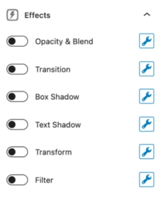 A UI showing a list of effects with toggles. The effects include Opacity & Blend, Transition, Box Shadow, Text Shadow, Transform, and Filter. Each effect has a toggle switch on the left and an adjustable wrench icon on the right.