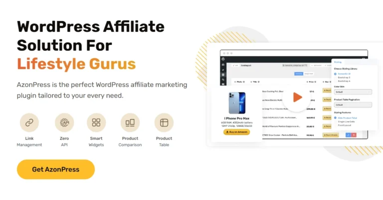 The image features a graphical user interface for a WordPress affiliate marketing plugin called AzonPress. It highlights its suitability for lifestyle gurus and emphasizes smart product management features. Various elements such as text, screenshots, and computer icons are present, indicating that it is related to online advertising software designed for web pages. This is here to promote AzonPress Black Friday deal.