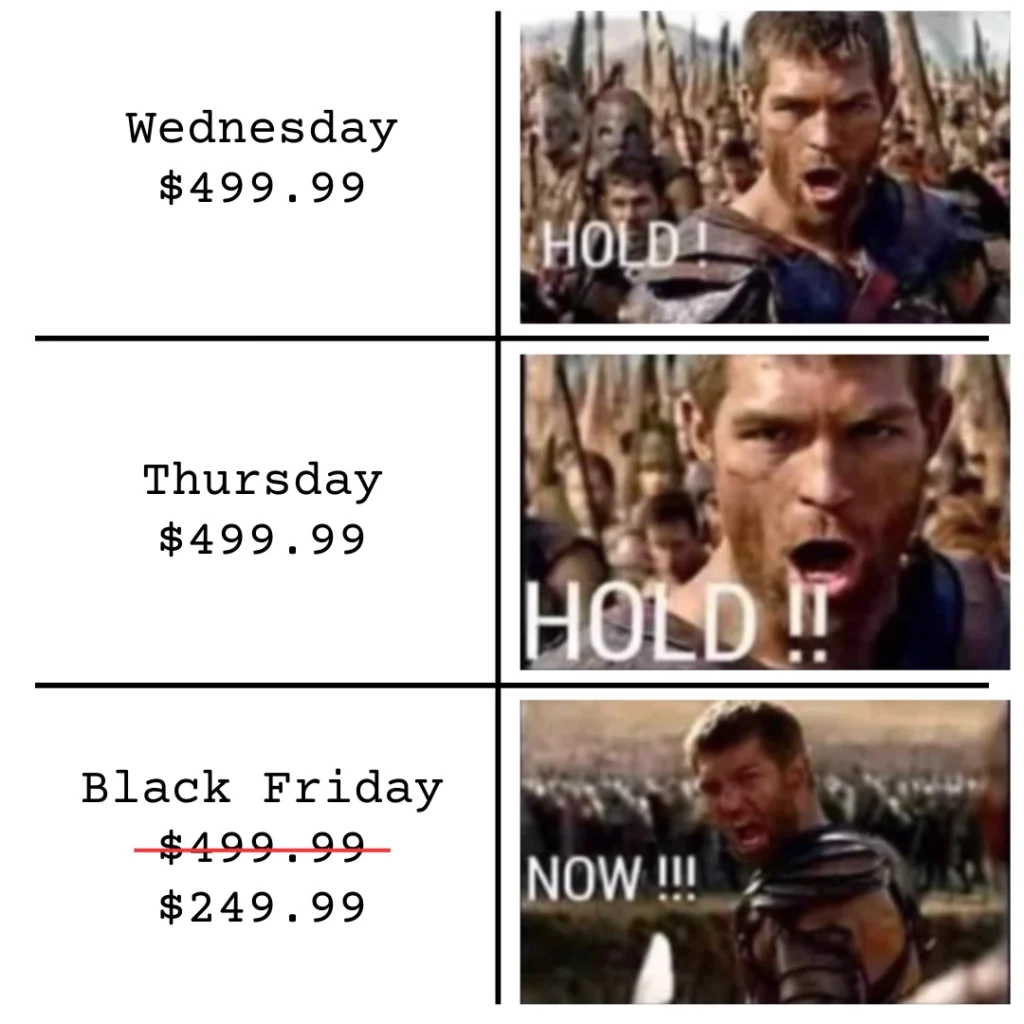 The content highlights a pricing promotion featuring different days of the week. On Wednesday and Thursday, an item is priced at $499.99 with a "HOLD" status. For Black Friday, there's a significant discount reducing the price to $249.99, noted as "NOW!!!". The tags suggest The content highlights a pricing promotion featuring different days of the week. On Wednesday and Thursday, an item is priced at $499.99 with a "HOLD" status. For Black Friday, there's a significant discount reducing the price to $249.99, noted as "NOW!!!". This is here to refer WordPress Themes Black Friday deal. 