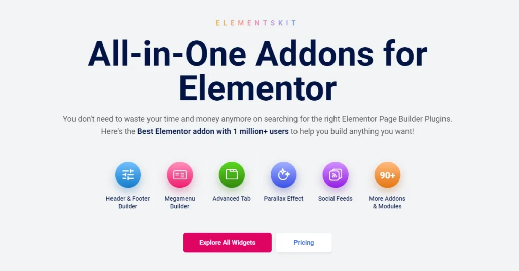 The image features the hero section of the ElementsKit WordPress Plugin website, showcasing its graphical user interface. It highlights the application as an all-in-one addon for Elementor, emphasizing its popularity with over 1 million users. Key features like header & footer options, megamenu, advanced tabs, parallax effects, and social feeds are presented as part of the design. The layout includes text elements with clean fonts and a focus on user engagement through a call to explore all widgets and pricing options. This is here to promote ElementsKit Black Friday Deal. 