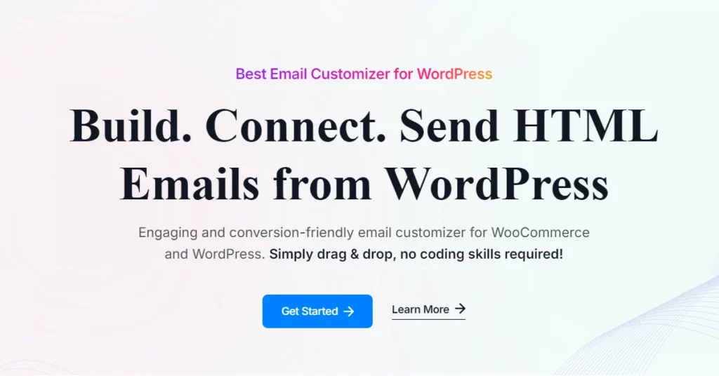 The image describes a graphical user interface for an email customization application specifically designed for WordPress and WooCommerce. It highlights features such as building, connecting, and sending HTML emails easily through a drag-and-drop interface, requiring no coding skills. This is to promote Emailkit Black Friday deal.