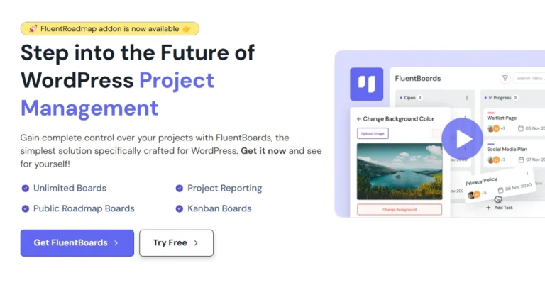 The image features a graphical user interface for an application called FluentRoadmap, which is part of the FluentBoards project management suite designed for WordPress. The content highlights the availability of the FluentRoadmap addon and promotes its features, such as unlimited boards, project reporting, public roadmap boards, and Kanban boards. Additionally, there are calls to action encouraging users to get FluentBoards and try it for free. The tags suggest that it includes elements related to web page design and online software advertising.