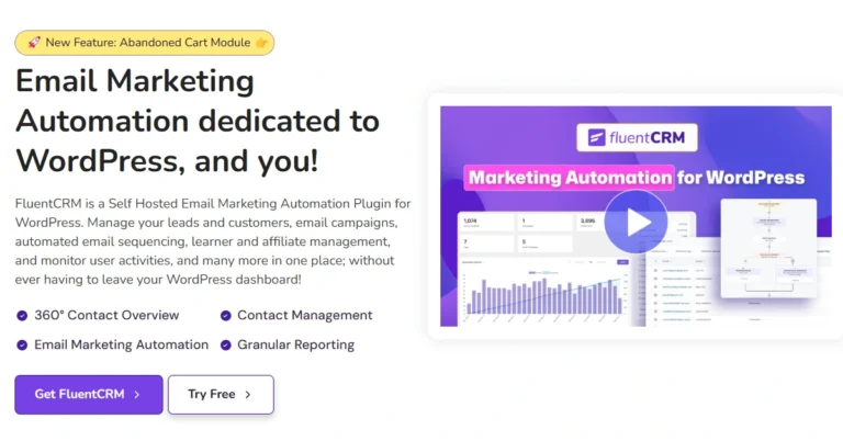 The image features a graphical user interface of the FluentCRM application, highlighting its new feature: an Abandoned Cart Module. This self-hosted email marketing automation plugin for WordPress allows users to manage leads and customers, automate email campaigns, track user activities, and handle affiliate management directly from their WordPress dashboard. Additional elements include contact management, granular reporting options, and a prompt to try the FluentCRM service for free. This is here to promote FluentCRM Black Friday Deal.