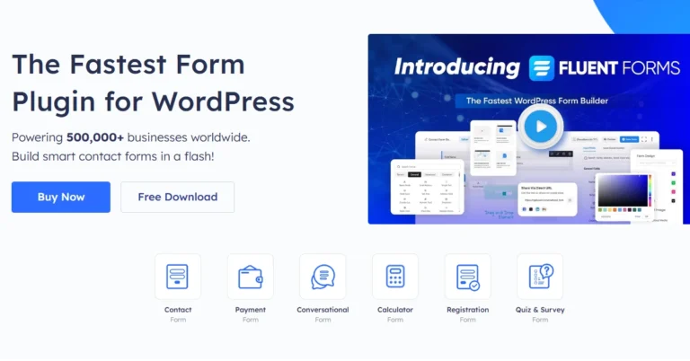 The image showcases a graphical user interface for the FLUENT FORMS plugin, designed for WordPress. It highlights features like its speed and efficiency in creating contact forms, aimed at over 500,000 businesses globally. Options to purchase or download for free are presented along with various types of form functionalities. The visual emphasizes a clean design with relevant tags related to text and software elements.