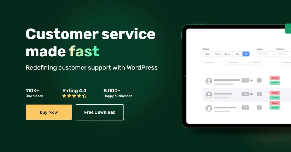 The image features a graphical user interface for a customer service application on a website. It highlights fast customer support, emphasizing the benefits of using WordPress. The app boasts over 110K ratings with an average score of 4.4 and has been downloaded more than 8,000 times, indicating its popularity among users. It includes options for purchase and free download as well as mentions of satisfied businesses in its content. This is here to promote Fluent Support Black Friday Deal.