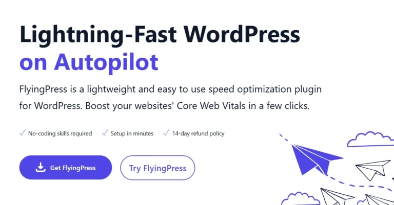 The image features a graphical user interface highlighting the "Lightning-Fast WordPress on Autopilot" theme. It promotes FlyingPress, a speed optimization plugin designed for WordPress, emphasizing its lightweight nature and ease of use. Key selling points include boosting Core Web Vitals, no coding skills needed, quick setup in minutes, and a 14-day refund policy.