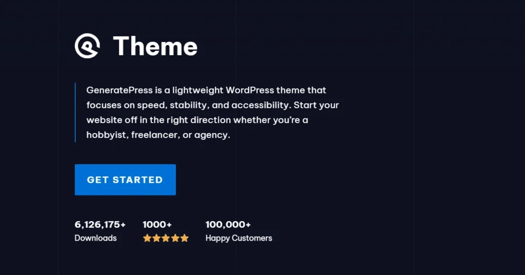 The image shows GeneratePress is a lightweight WordPress theme designed for speed, stability, and accessibility. It caters to hobbyists, freelancers, and agencies looking to start their website effectively. The theme has over 6 million downloads and boasts more than 100,000 happy customers. This is here to promote GeneratePress Theme Black Friday Deal.