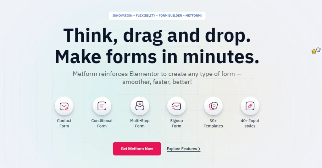 The image describes the hero section of the MetForm WordPress Plugin website. It highlights features such as a flexible form builder, emphasizing ease of use with a drag-and-drop interface. Users can create various types of forms quickly, with options for contact, conditional, multi-step, and signup forms. The content promotes Metform’s integration with Elementor to enhance form creation efficiency. This is here to promote MetForm Black Friday Deal. 