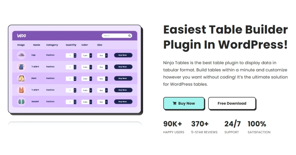 The image depicts a graphical user interface for a WordPress plugin called "Ninja Tables." It promotes the "Easiest Table Builder" feature, highlighting its user-friendly design that allows users to create and customize tables without coding. The content emphasizes the product's popularity with over 90,000 satisfied users and boasts 5-star reviews along with 24/7 support. This is here to promote Ninja Table Black Friday Deal.