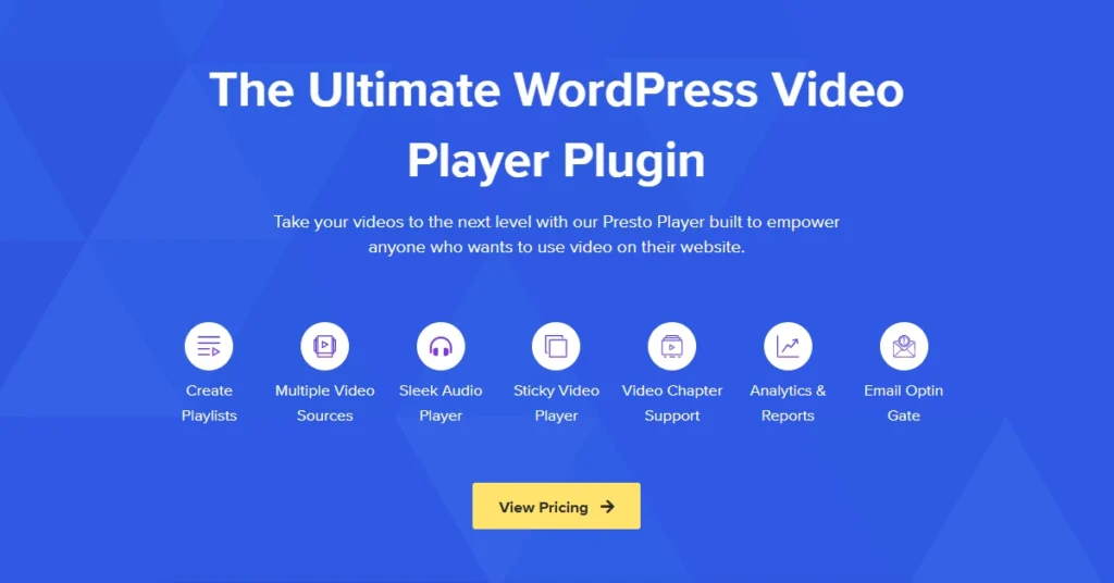 The image features a graphical user interface for a website promoting "The Ultimate WordPress Video Player Plugin." The content highlights various features of the plugin, such as multiple video options, analytics, and support. It's designed to enhance video usage on websites, with elements like sticky video and playlists. The design utilizes electric blue text and font in a sleek layout. This is here to promote PrestoPlayer Black Friday Deal. 