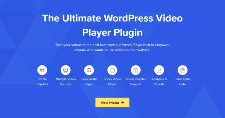 The image features a graphical user interface for a website promoting "The Ultimate WordPress Video Player Plugin." The content highlights various features of the plugin, such as multiple video options, analytics, and support. It's designed to enhance video usage on websites, with elements like sticky video and playlists. The design utilizes electric blue text and font in a sleek layout. This is here to promote PrestoPlayer Black Friday Deal.