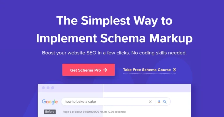 The image showcases the hero section of the Schema Pro WordPress Plugin website. It highlights a user-friendly interface that emphasizes an easy way to implement schema markup, aimed at improving website SEO without requiring coding skills. The content encourages users to get Schema Pro and offers a free schema course, with references to Google and baking as part of the demo examples. The layout features clear text elements and branding typical of software marketing web pages. This is here to promote Schema Pro Black Friday Deal.