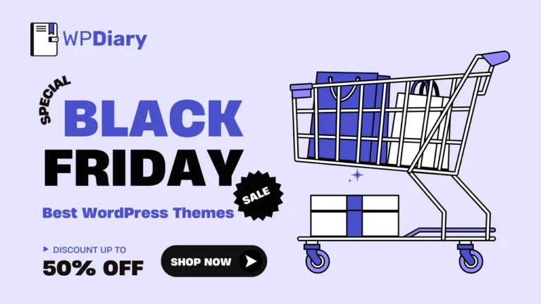 The image is a promotional diagram for WPDiary's Black Friday sale. It highlights discounts of up to 50% off on the best WordPress themes, encouraging viewers to shop now. Visual elements include a shopping cart icon and bold text emphasizing the sale and discount.