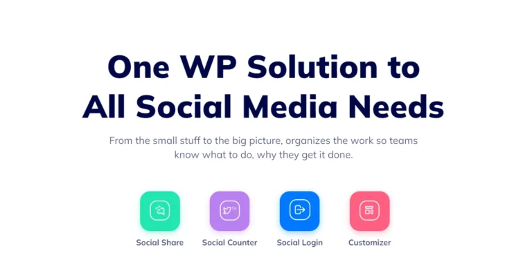 The image features a graphical user interface showcasing the hero section of the WP Social WordPress plugin website. It includes text promoting a comprehensive solution for all social media needs, emphasizing team organization and task management. Summary points include features like Social Share, Social Counter, Social Login, and Customizer. The design utilizes specific fonts and layout elements typical of web applications.