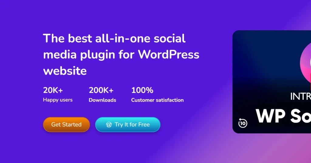 The image features a graphical user interface for a WordPress application or website showcasing a social media plugin. It highlights the benefits of the plugin, stating it has over 20,000 downloads and boasts a customer satisfaction rate of 100%. The call-to-action encourages users to get started and try it for free. The visual includes text elements, logos, and branding associated with the product. This is here to promote WP Social Ninja Black Friday Deal.