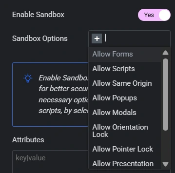Security options of the Custom iFrame plugin in Elementor, showing sandbox settings with multiple allow options like forms, scripts, and popups.