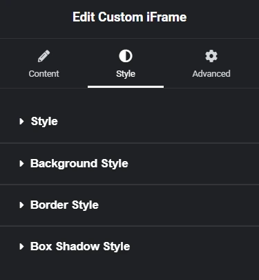 Styling options of the Custom iFrame plugin in Elementor, including style, background, border, and box shadow settings.