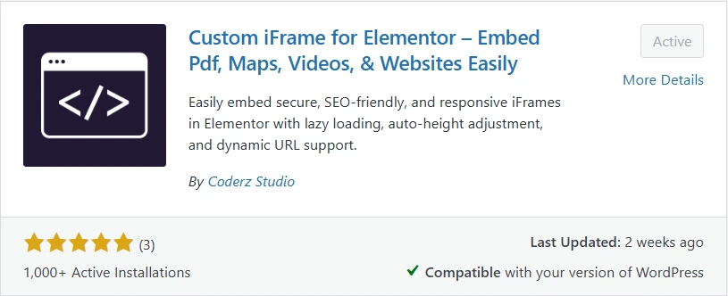 Custom iFrame for Elementor plugin shown in WordPress dashboard with details like ratings, active installations, and compatibility — one of the best iframe plugin for WordPress to embed PDFs, maps, videos, and websites easily.