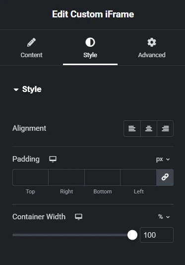 Custom iFrame plugin options in the Elementor editor showing alignment, padding, and container width settings to make the Embed Responsive.