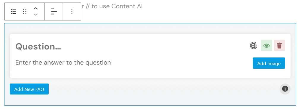 Rank Math FAQ block in WordPress editor showing fields to add a question, answer, and images — a useful feature to optimize your content for AI and improve SEO with structured data.