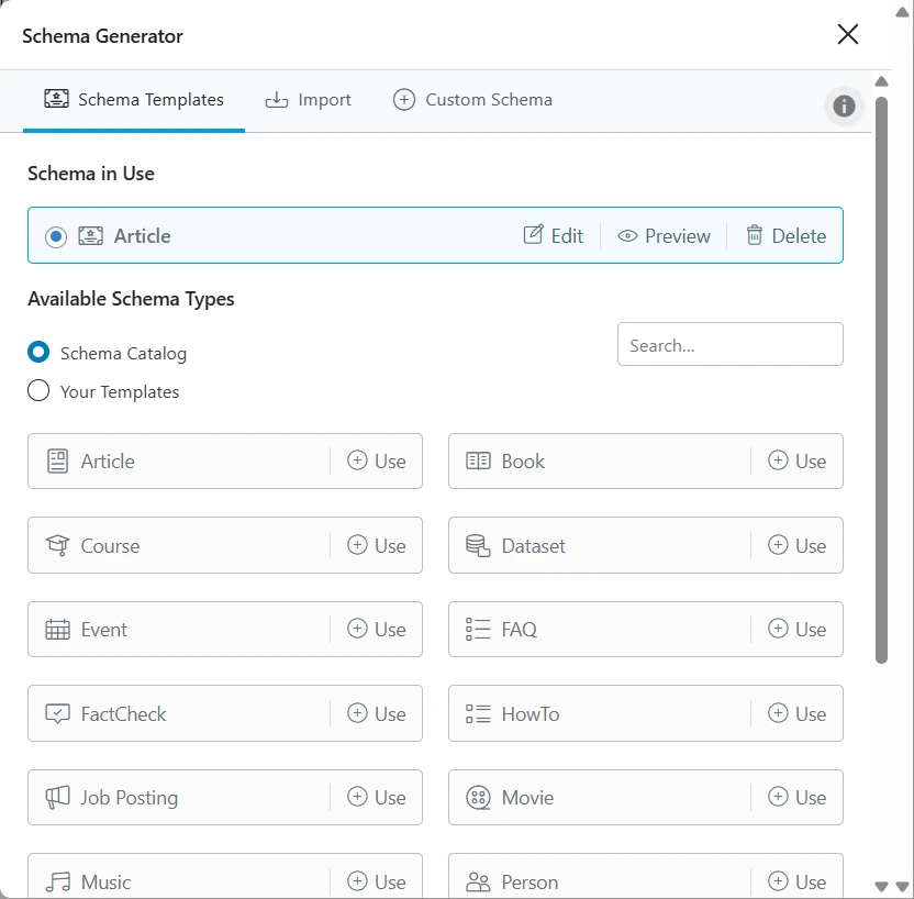 Rank Math Schema Generator in WordPress showing available schema types like Article, Book, Course, FAQ, HowTo, and more with options to use, edit, or preview.