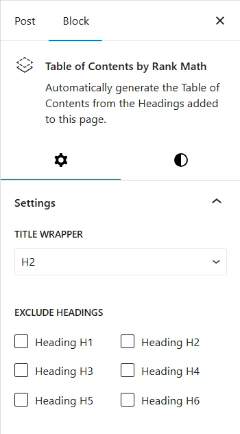 Rank Math Table of Contents block settings in WordPress showing title wrapper options and exclude headings checkboxes.