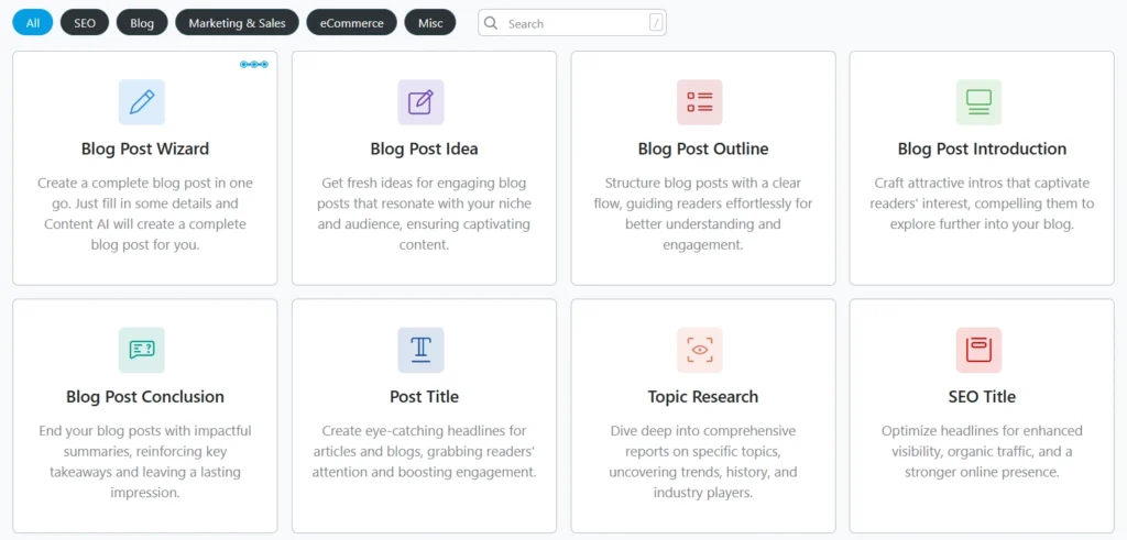 Dashboard of a content generation tool displaying blog-focused features like post ideas, outlines, and SEO titles—ideal for users researching tools like Rank Math SEO Plugin Review to enhance their blogging and search optimization workflow.