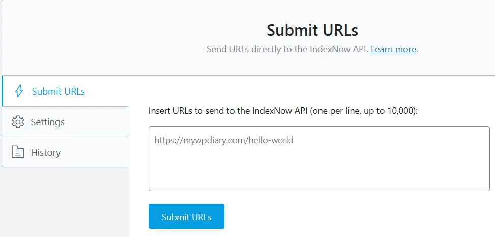 Web interface for submitting URLs to the IndexNow API, showing a text box with an example URL and a “Submit URLs” button—demonstrating how Rank Math SEO Plugin users can quickly notify search engines of new or updated content for faster indexing.