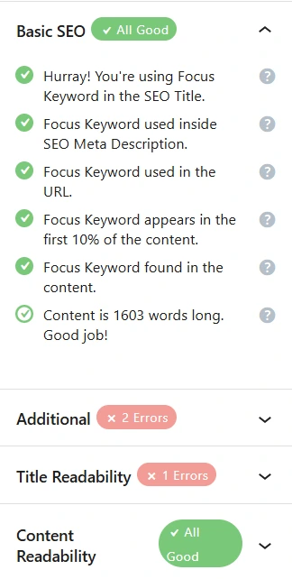 SEO analysis report showing green checkmarks for Basic SEO and Content Readability, with errors flagged under Additional and Title Readability—highlighting how Rank Math SEO Plugin Review evaluates keyword usage, content length, and readability to optimize on-page SEO.