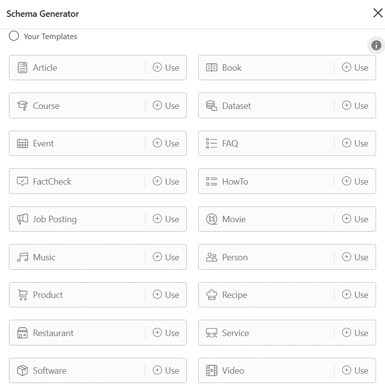 Schema Generator interface displaying structured data options like Article, Book, FAQ, Product, and Video, each with a “Use” button—highlighting how Rank Math SEO Plugin Review covers schema implementation to boost search visibility and enhance rich results.