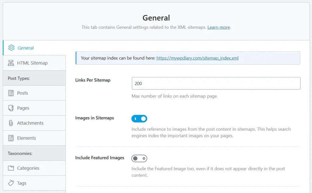 General settings tab of an XML sitemap configuration interface in WordPress, showing options to set links per sitemap, include images, and enable featured images—features often reviewed in detail when evaluating tools like Rank Math SEO Plugin for optimizing site indexing.
