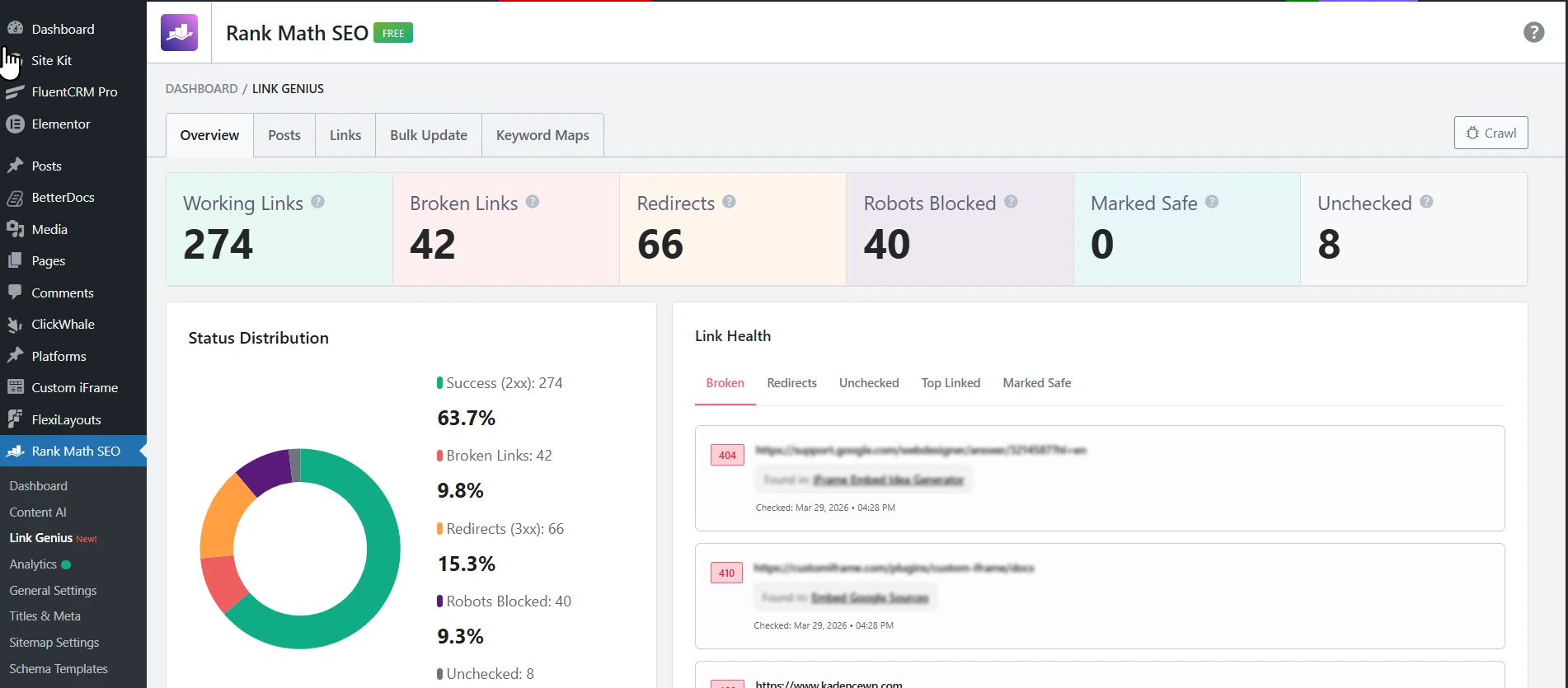 Rank Math SEO Link Genius dashboard showing Website Internal Linking health with broken links, redirects, and status distribution chart.