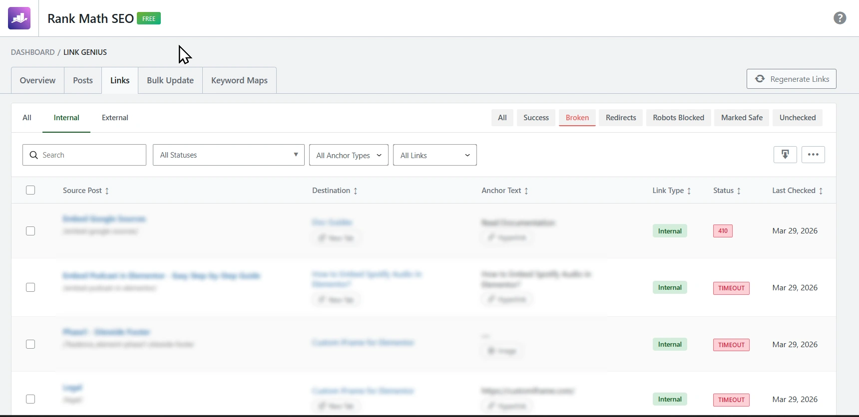 This screenshot shows the Rank Math SEO Link Genius dashboard in table view. It lists internal link details such as source posts, destinations, anchor text, link type, and status, with filters for success, broken, redirects, robots blocked, and unchecked links. The interface also includes navigation tabs like Overview, Posts, Links, Bulk Update, and Keyword Maps, along with a “Regenerate Links” option for managing updates.