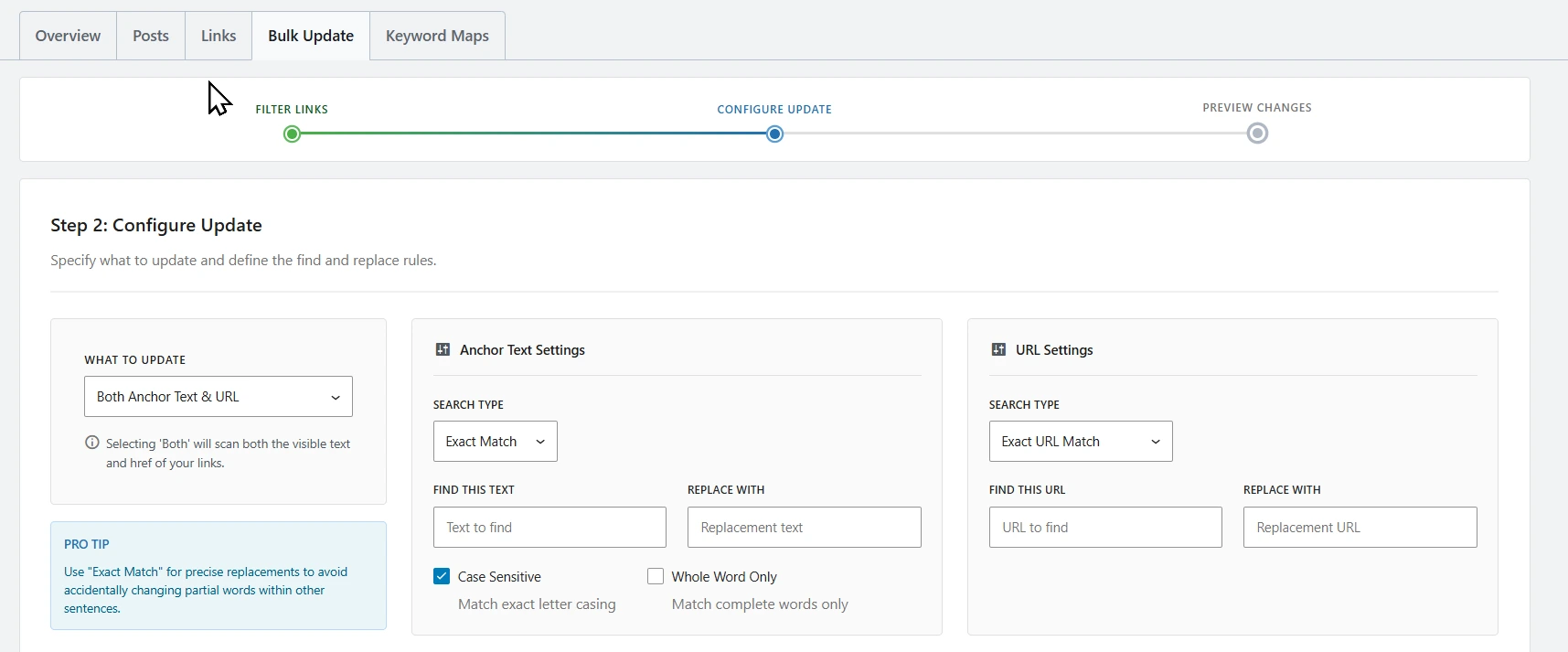 This screenshot shows the Bulk Update section of Rank Math SEO’s Link Genius dashboard. It highlights step 2 of the process, where users configure updates by setting find‑and‑replace rules for both anchor text and URLs. The interface provides options for exact matches, case sensitivity, whole word matching, and precise URL replacements, ensuring accurate large‑scale link management.