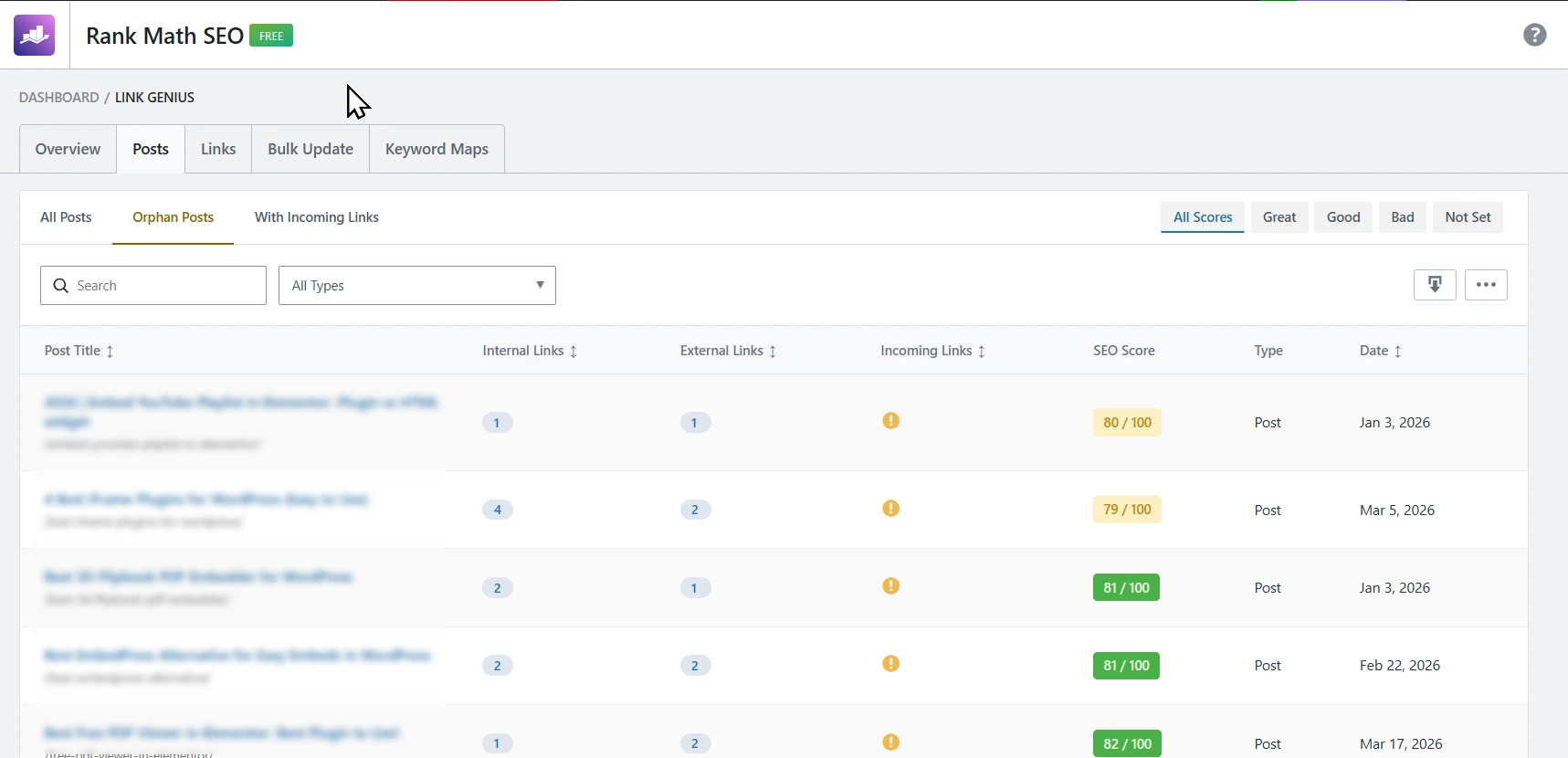 This screenshot shows the Rank Math SEO Link Genius dashboard under the Posts tab. It displays a table of WordPress posts with details such as internal links, external links, incoming links, SEO scores, post type, and publication date. The interface also provides filters for orphan posts, posts with incoming links, and SEO score categories, along with navigation options like Overview, Links, Bulk Update, and Keyword Maps for managing link structures and optimization.