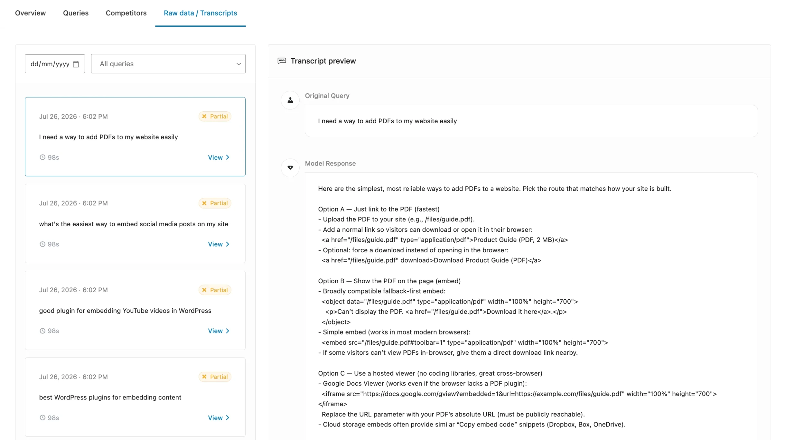 Rank Math AI Visibility Raw Data/Transcripts tab showing a tracked query marked Partial alongside the full AI model response, used to verify AI visibility tracking and citation checking in real answers