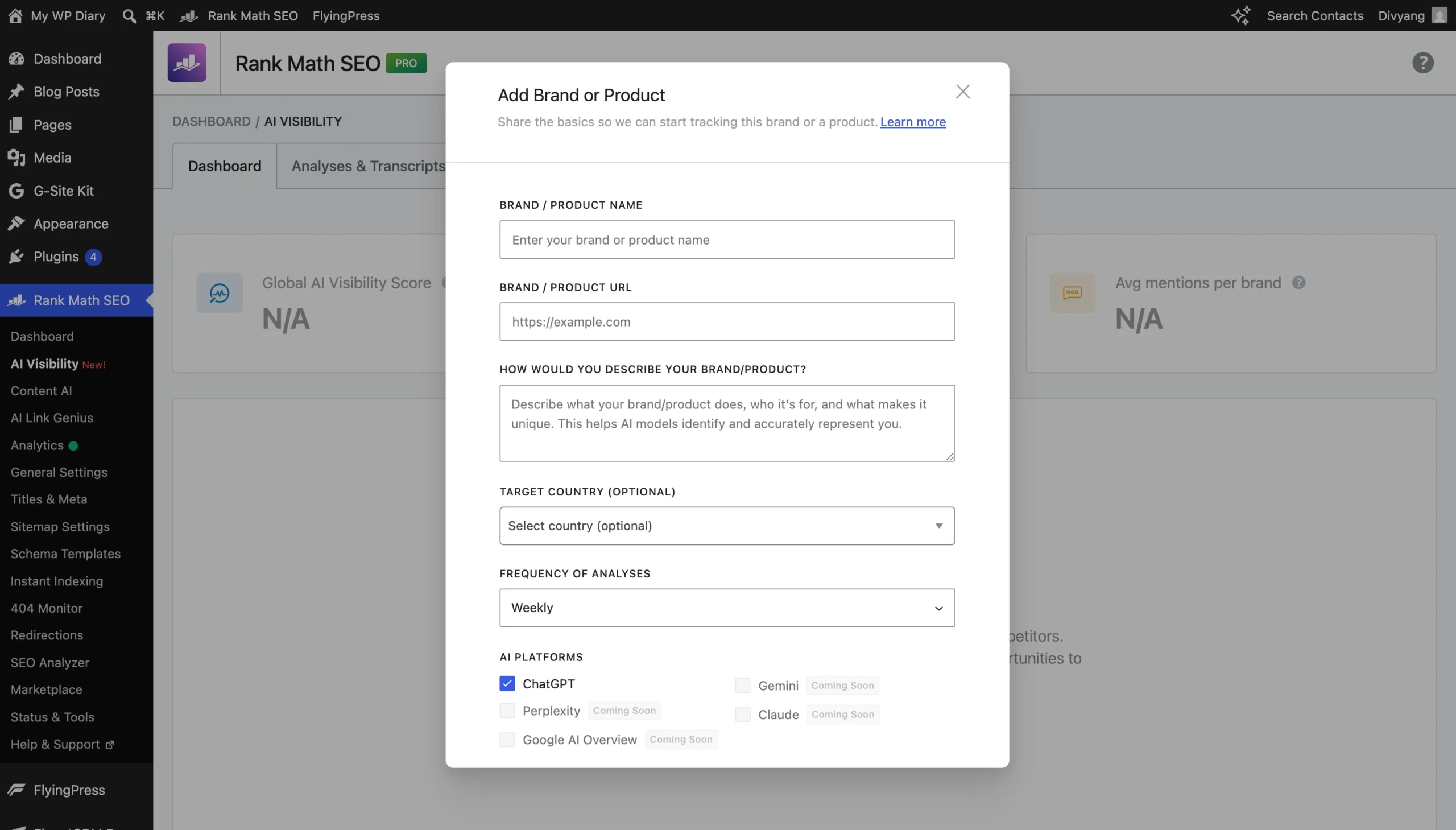 Add Brand or Product form in Rank Math AI Visibility dashboard showing brand name, URL, description, target country, analysis frequency, and AI platform options with ChatGPT enabled and Perplexity, Gemini, Claude, and Google AI Overview marked coming soon